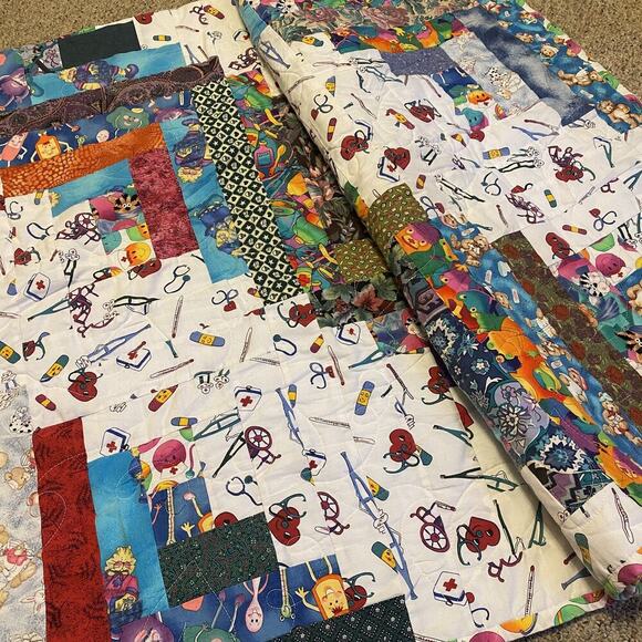 Vintage Handmade Patchwork Quilt Throw Blanket 64”x40” Doctor Nurse Patient - Picture 4 of 6